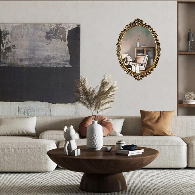 OIGUMR Medium Oval Wall Mirror Resin Frame Size：20.4 x 14.5 inch | Vintage Hanging Mirrors for Bedroom Living-Room Dresser Decor Gold