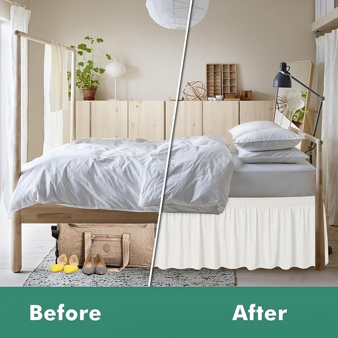 Wrap Around King Size Bed Skirt Split Corner 14" Drop-Elastic Dust Ruffle | Ivory Adjustable Pleated Bedskirt-Easy Fit Wrinkle Resistant Washable Fabric Bed Skirting-Master Guest Bedroom Couples Hotels