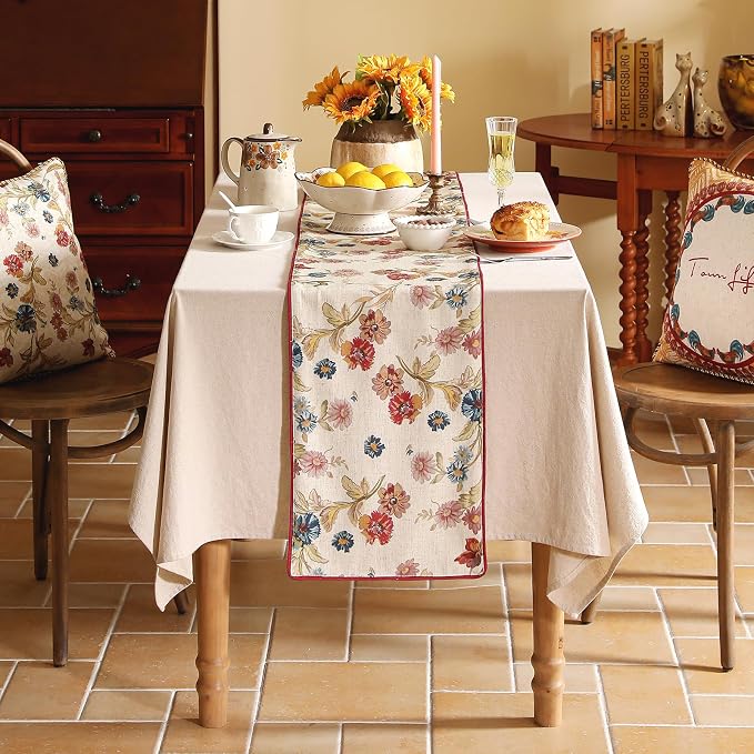 patdrea Designer Farmhouse Linen Thick Table Runner, Rustic Cottage Beige with Floral Pattern Fabric Table Mat, Decoration for Kitchen Dining Coffee Table Banquet Christmas , 12"*102"