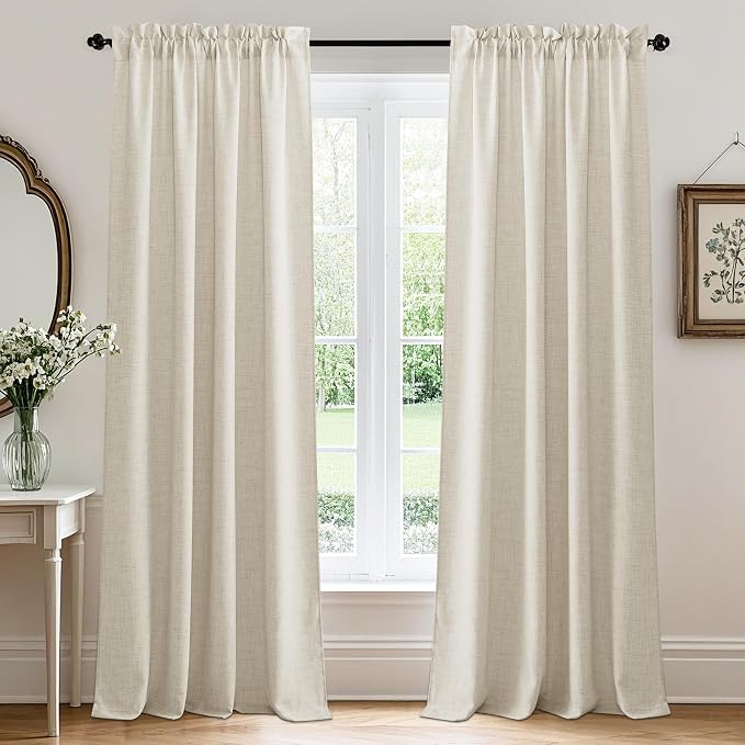 RYB HOME Living Room and Dining Room Curtains and Drapes Linen Sheer | Light Filtering, 90 inches Long, Weave Textured, Rod Pocket, Cream, W52 x L90, 2 Panels Set