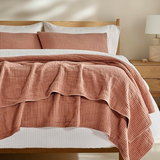 EVERGRACEHOME Cotton Ribbed Matelassé Coverlet Set, Queen Size, Clay | Soft Lightweight Bedspread, 3 Pieces, Breathable Cozy Oversized Quilted Bedding Set for All Seasons, with 2 Pillow Shams