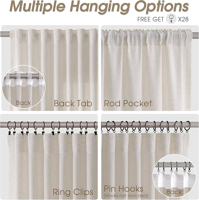 Warm Beige Linen Curtains 102 Inches Long for Bedroom Semi Sheer Light Filtering Modern Farmhouse Textured Hook Belt Back Tab Pleated Rod 102 Inch Window Curtain for Dining Room Nursery 2 Panels