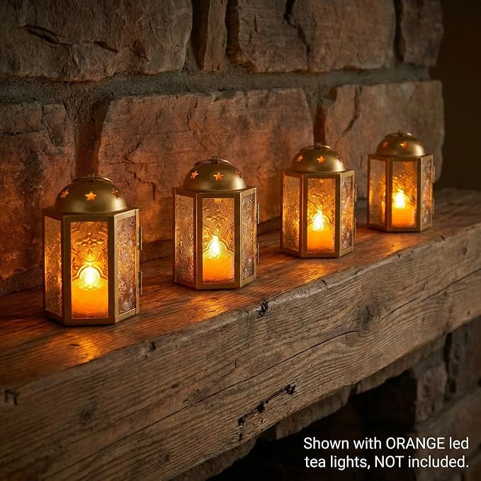 VELA LANTERNS Mini Moroccan Tea Light Candle Holder Lanterns – 4.25" Small Decorative Lantern for Table or Hanging, Metal with Glass Panels – Ramadan, Wedding, Home Decor, Gold (Set of 4)