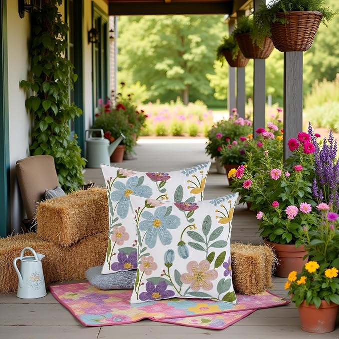 Embroidered Throw Pillow Covers 18x18 Pack of 2 Multicolored Flowers Pillow Covers Farmhouse Pillow Cushion Case Summer Decorative Farm Pillowcases Square Rustic Floral Pillow Case