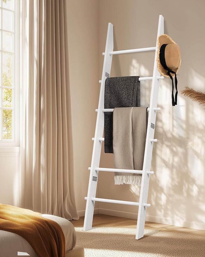 TEAKMAMA 6-Tier 5.4ft Blanket Ladder with Hanging Knobs White | Farmhouse Wall Leaning Solid Wood Scratch & Slip Proof Quilt Rack, Living Room Bedroom Bathroom, Xmas Deco, Easy Setup