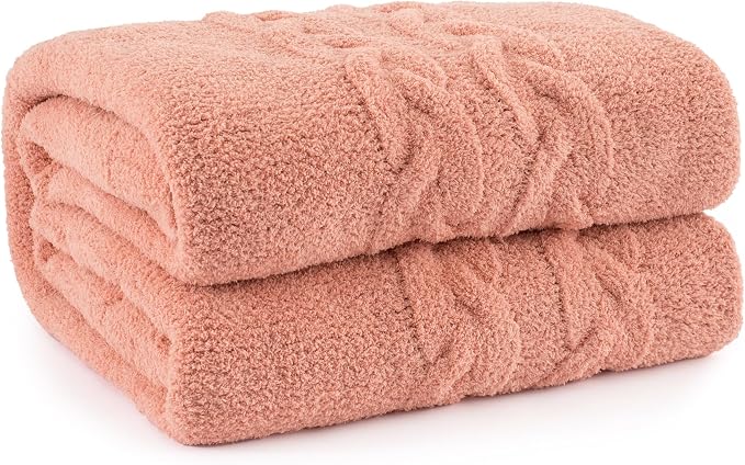 Chunky Knit Throw Blanket Super Soft Cable Fluffy Microfiber Cozy Warm Winter Blankets for Couch Sofa Bed 50"X60" Pink