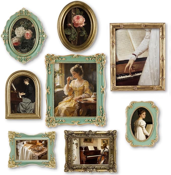 Lineshading 8 Pcs Picture Vintage Gallery Wall Frame Set | Antique Resin Picture Frame Collage Including Baroque Victorian for Wall Tabletop Display for Bedroom, Vintage Gold Green