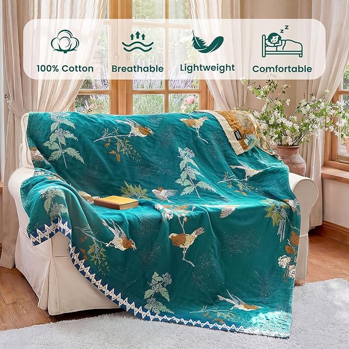 MSGKV Boho Throw Blanket 50"x60" Aviary Botanical Cotton Throw Blanket | Aviary Botanical Pattern, Muslin Throw, Reversible Woven, Lightweight Comfort, Decorative Home Accent, All Season Use