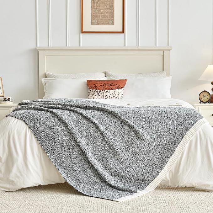 Chunky Knit Boucle Throw Blanket, Soft Washable Coastal Blanket for Bed Couch, Lightweight Cozy Oversized Feather Knit Blanket Indoor Outdoor for Sofa (Black, Throw 50"x60")