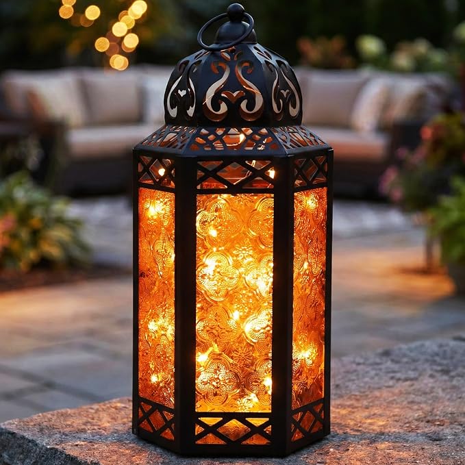 Vela Lanterns Decorative Indoor Fairy Light Halloween Holder, Amber, L | Orange Fall Decorations, Fantasy Moroccan Candle Lamp, Turkish Metal Hanging, Diwali & Eid, Porch Patio, 12" Tall