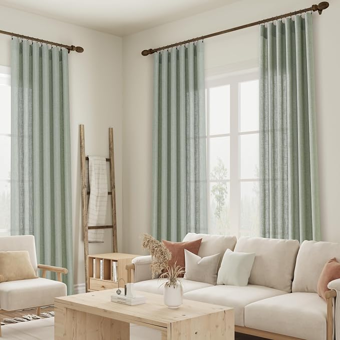 Sage Green Linen Curtains 90 Inch Length for Living Room Bedroom 2 Panels Set Rod Pocket Light Filtering Semi Sheer Window Curtains 52 Inch Width Boho Farmhouse Linen Drapes, W52xL90