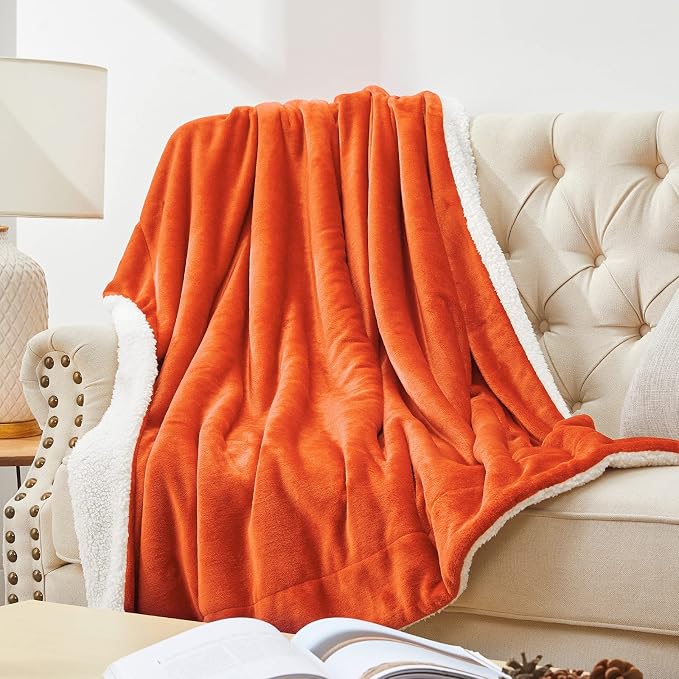 Walensee Sherpa Fleece Blanket (Throw Size 50”x60” Orange) Plush Throw Fuzzy Super Soft Reversible Microfiber Flannel Blankets for Couch, Bed, Sofa Ultra Luxurious Warm and Cozy for All Seasons
