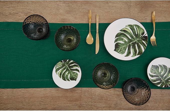 Solino Home 100% Pure Linen Table Runner Rainforest Hemstitch, 14 x 120 in | Classic Hemstitch, dresses up dining tables for everyday meals, hemstitched border, mitered corners, soft, OEKO-TEX Certified