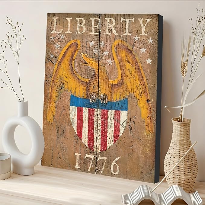 Framed Liberty 1776 Bald Eagle Wall Art, Patriotic Vintage Canvas Art Pictures, USA Flag Wall Decor, Made in USA Ready to Hang for Office Man Cave