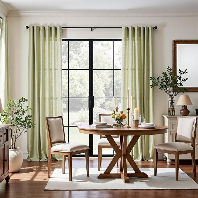 jinchan Linen Curtains Light Filtering Back Tab 50x90 Inch 2 Panels Green | Semi Sheer Curtains 90 inch length for Bedroom Living Room, Modern Farmhouse Drapes with Rod Pocket, Natural Boho Curtains