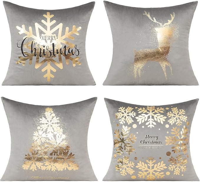 All Smiles Gray Gold Christmas Decorations Throw Pillow Covers Cases 12X20 Set of 2 Winter Xmas Indoor Home Holiday Décor Ornaments Velvet Navidad Cushion for Sofa Tree Snowflake Reindeer