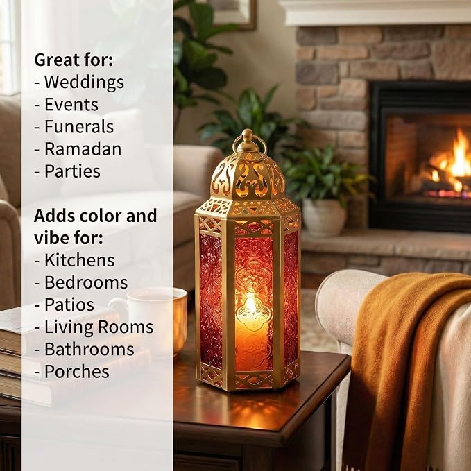 Vela Lanterns Decorative Indoor Moroccan Candle Holder, Gold Red, M | Ramadan Decorations for Home, Red Candle Lantern, Eid Table Centerpiece, Hanging Tealight Votive Pillar Holder, 10.5in
