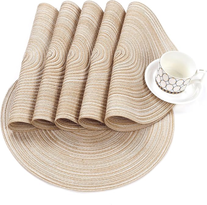 SHACOS 15 inch Round Placemats Set of 6, Cotton Polyester Woven Braided Place Mats, Washable Heat Resistant Circle Table Mats for Dining Table (Beige, 6)