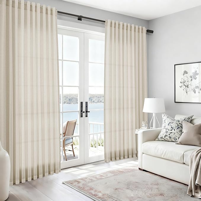 Vanilla Linen Curtains for Living Room 72 Inches Long Luxury Light Filtering Semi Sheer Curtain Back Tab Modern Farmhouse Decor Elegant Coastal Drapes for Bedroom Office 52x72, 2 Panels