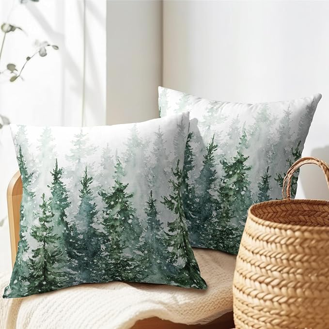 Winter Forest Pillow Covers 22x22 Inch 2Pcs Watercolor Green Misty Pine Tree Nature Landscape Throw Pillows Cover Mountain Square Cushion Cover for Home Sofa Patio Living Room