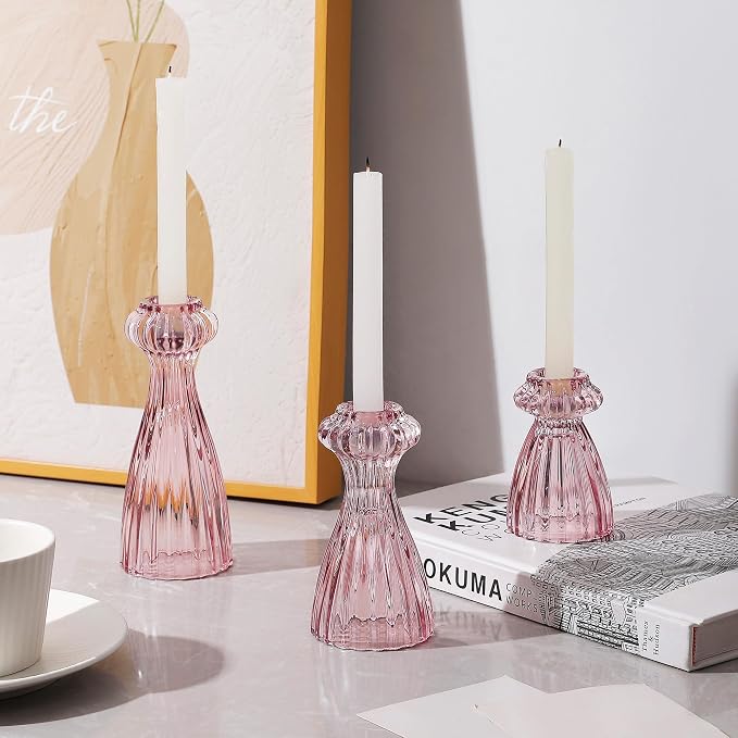 Lysenn Glass Candlestick Holders, Taper Candle Holders Set of 3, Pink