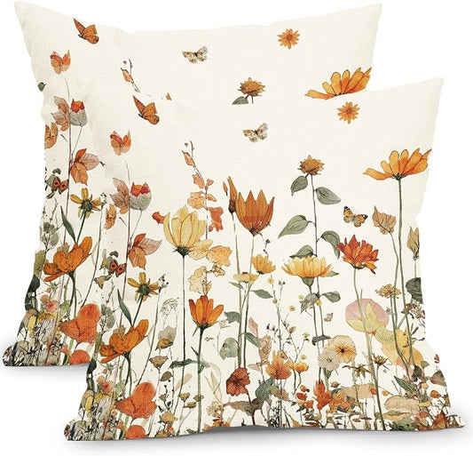 Kawani Fall Floral Pillow Covers 20x20 Inch Autumn Harvest Vintage Wildflower Outdoor Decorative Throw Pillows Set of 2 Thanksgiving Holiday Pillowcases for Couch Home Decor