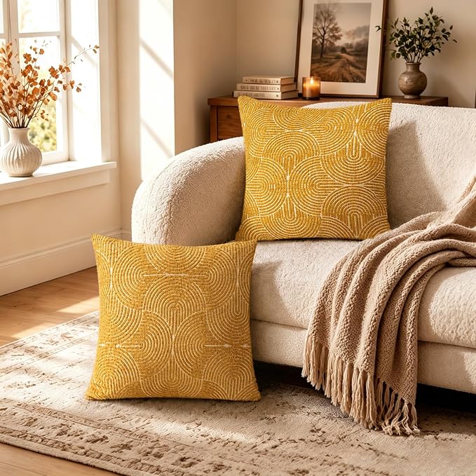 AELS Boho Decorative Textured Throw Pillow Covers 20x20, Organic Modern Mid Century Rainbow Tufted Pillow Case, Farmhouse Rustic Geometric Woven Cushion Case for Bed Couch Sofa, Mustard Yellow