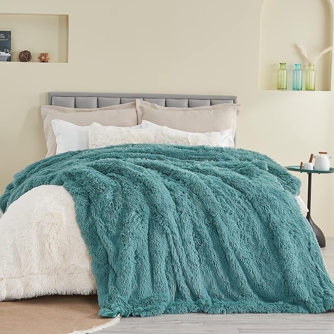 GONAAP Fuzzy Faux Fur Queen Blanket for Couch, Light Teal, 90"x90" | Warm Cozy Plush Shaggy Decorative Reversible Thick Non-Heated Fleece Blanket for Sofa Bed, Gift for Women Men, All Season Use