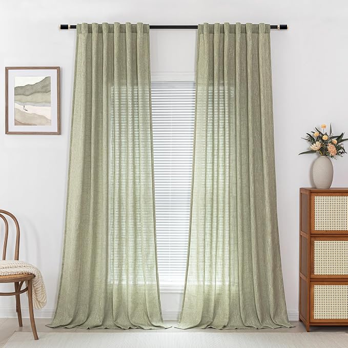 MYSKY HOME Sage Green Living Room Curtains 95 Inches Long Semi Sheer Drapes Light Filtering for Sliding Glass Door Window Treatments Soft Look Country Farmhouse Style, 50" x 95", 2 Pieces