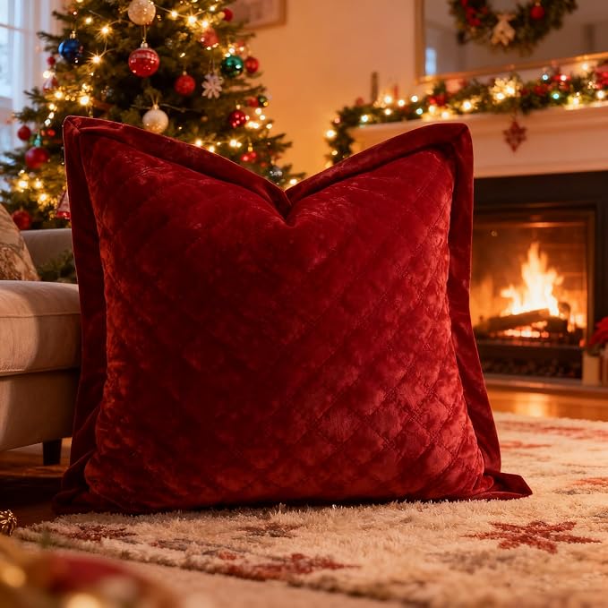 Throw Pillow Cover 18x18 1 Piece Velvet Square Pillowcase Soft Skin-Friendly Cross Process Decorative Farmhouse Cushion Covers for Couch Sofa Bedroom Living Room,Red
