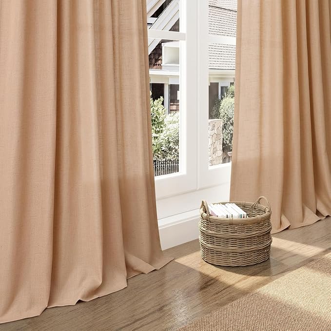 Camel Linen Curtains for Living Room Extra Long 144 Inches Long Back Tab Light Filtering Semi Sheer Curtain Vintage Rustic Decor Floor to Ceiling High Window for Bedroom 52x144, 2 Panels