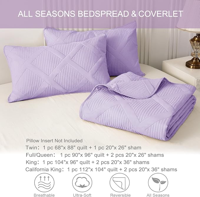 Exclusivo Mezcla Quilts Queen Size, Lilac | Soft Bedspreads with 2 Pillow Shams, Modern Striped Pattern, Lightweight Bedding Set Coverlets for All Seasons, 90x96 Inch