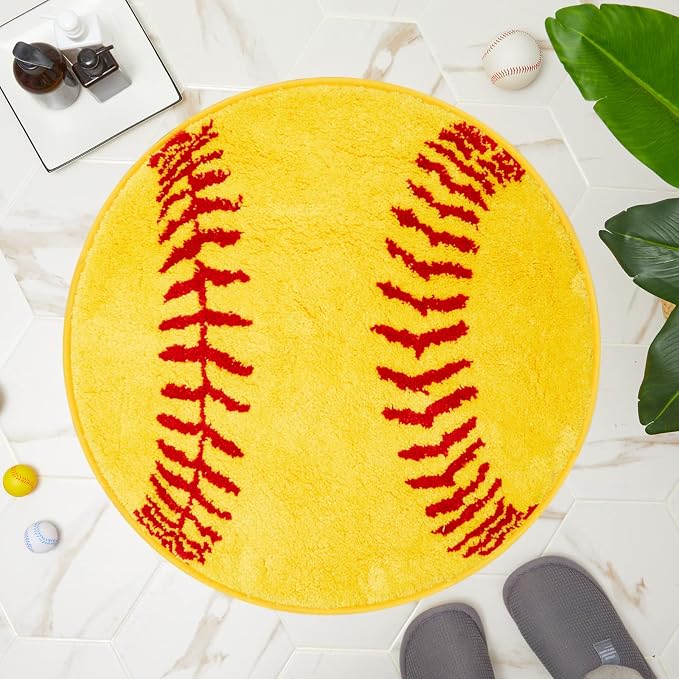 Funtery 25.5" Round Softball Rug for Girls Room Decor, Plush Washable Sports Bath Mat & Non-Slip Absorbent Aesthetic Carpet for Teen Bedroom Bathroom College Dorm Room Back to School Aesthetic Gift
