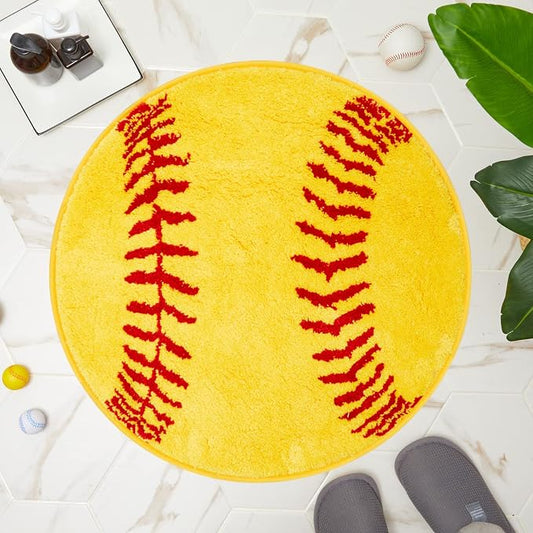 Funtery 25.5" Round Softball Rug for Girls Room Decor, Plush Washable Sports Bath Mat & Non-Slip Absorbent Aesthetic Carpet for Teen Bedroom Bathroom College Dorm Room Back to School Aesthetic Gift