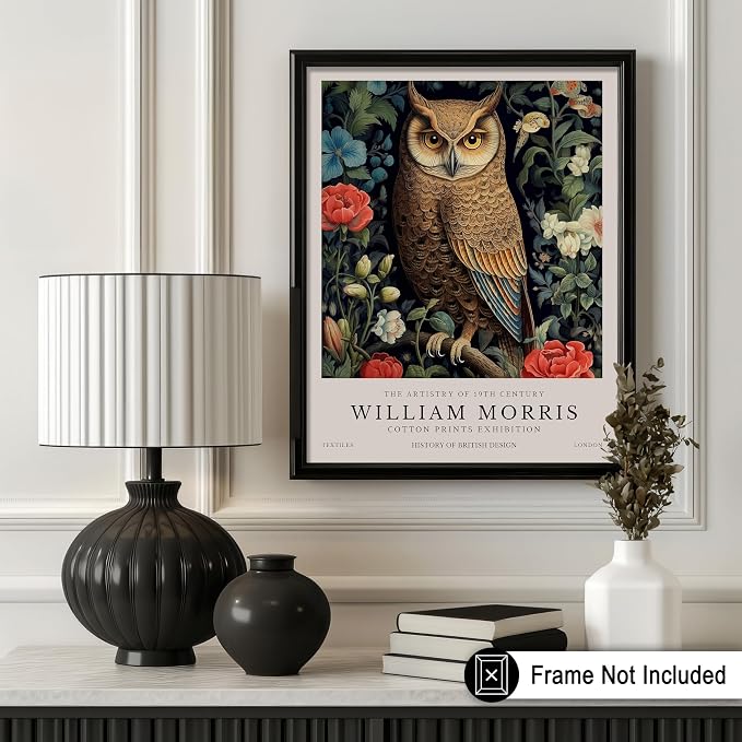 Monem Art William Morris Poster - Owl and Flowers Print - Bird Art - Botanical Artwork - Animal Exhibition Illustration - Floral Design - Aesthetic Creation - Bedroom or Office Decor - 8x10 UNFRAMED Wall Print