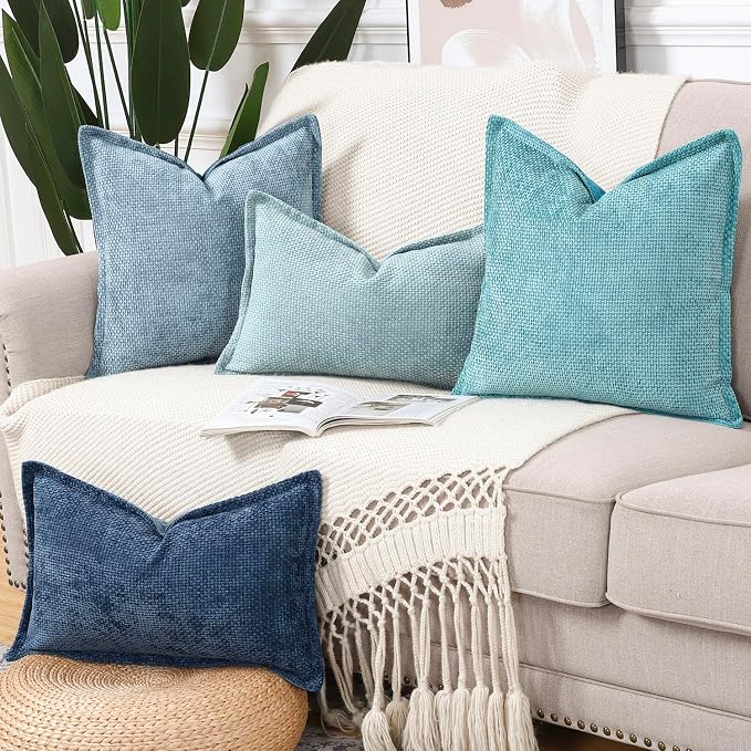 MADIZZ Decorative Chenille Velvet Throw Pillow Covers Set of 2 Soft Boho Textured Neutral Couch Throw Pillow for Bed Modern Farmhouse Home Decor for Sofa Livingroom Turquoise 24x24 Inch Euro Sham