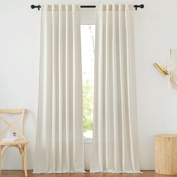 NICETOWN Flax Linen Living Room Curtains 90 inches Long, Rod Pocket & Back Tab Semi Sheer Linen Drapes Privacy Added with Light Filtering for Bedroom/Living Room, Natural, W42 x L90, 2 Panels