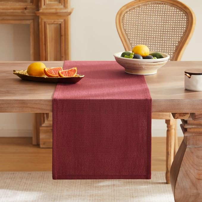 ZeeMart Rustic Cotton Linen Table Runner, 13x36 Inches Burgundy | Farmhouse Style Linen Table Runners 36 Inches Long, Washable Kitchen Dining Table Decoration for Home Party Decor