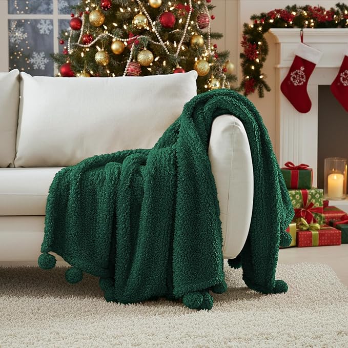 HORIMOTE HOME Ultra Soft Sherpa Throw Blanket with Pompom Fringe, Lightweight Plush Boho Throw Blanket for Couch, Sofa, Bedroom,Travel, Christmas Decor, Warm Blanket for Winter, 60"x80", Green