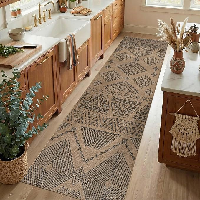 jinchan 3x10 Faux Jute Runner Rug Washable Boho Hallway Rug, Charcoal | Southwestern Geometric, Non-Slip Low Pile, Indoor Outdoor, High-Traffic, Kitchen, Bathroom, Laundry, Porch, Balcony, Entryway