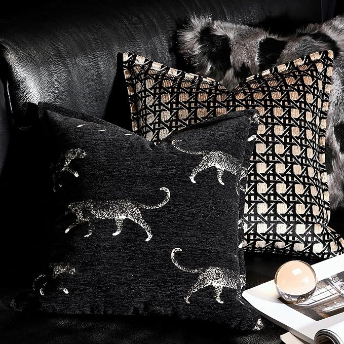 Throw Pillow Cover 20x20, Double Sided Cheetah Chenille Jacquard Embroidered Pillow Covers, Luxury Modern Style Accent Pillowcase for Bed Couch Sofa Living Room Bedroom