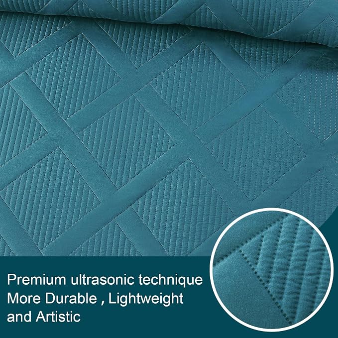 Exclusivo Mezcla Quilts Queen Size, Teal | Soft Bedspreads with 2 Pillow Shams, Modern Striped Pattern, Lightweight Bedding Set Coverlets for All Seasons, 90x96 Inch