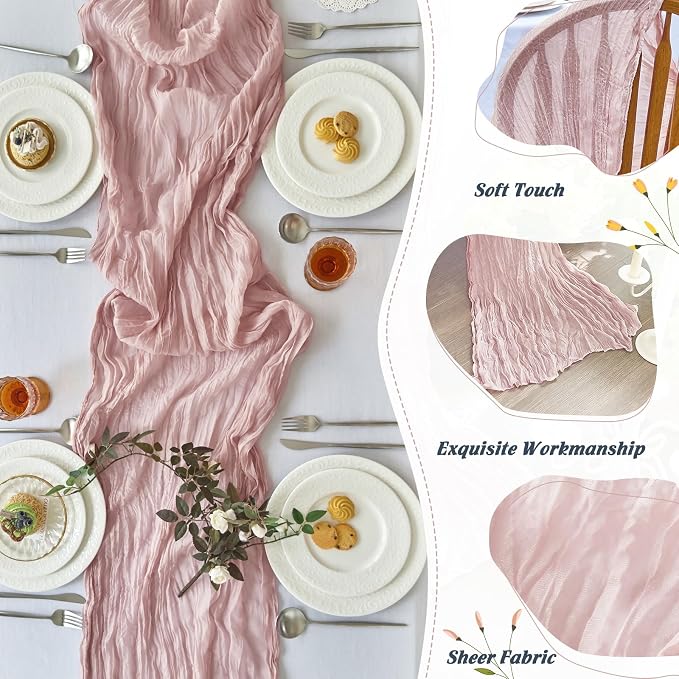 IVAPUPU Dusty Pink Table Runner 120 Inches for Birthday Party Home Decor | 10 Pcs Boho Gauze 10FT Cheesecloth Table Runners for Wedding Baby Shower Decorations Summer Garden Farmhouse