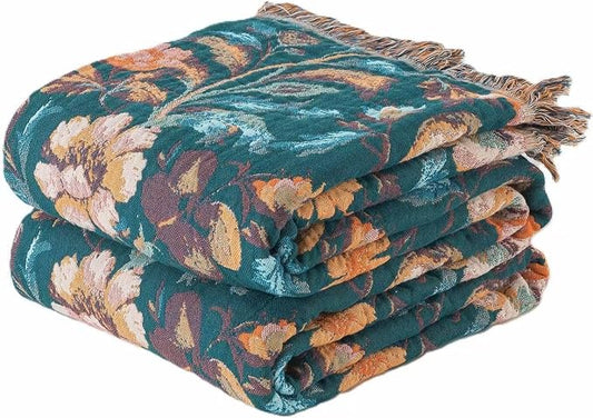 Phuryllic Boho Throw Blanket Twin Size, Soft Cozy Cotton Muslin Quilt Blanket for Bed Decor, Floral Patterned Couch Sofa Chair Cover, Vintage Farmhouse Cottage Tapestry Woven Blanket, Teal&Taupe