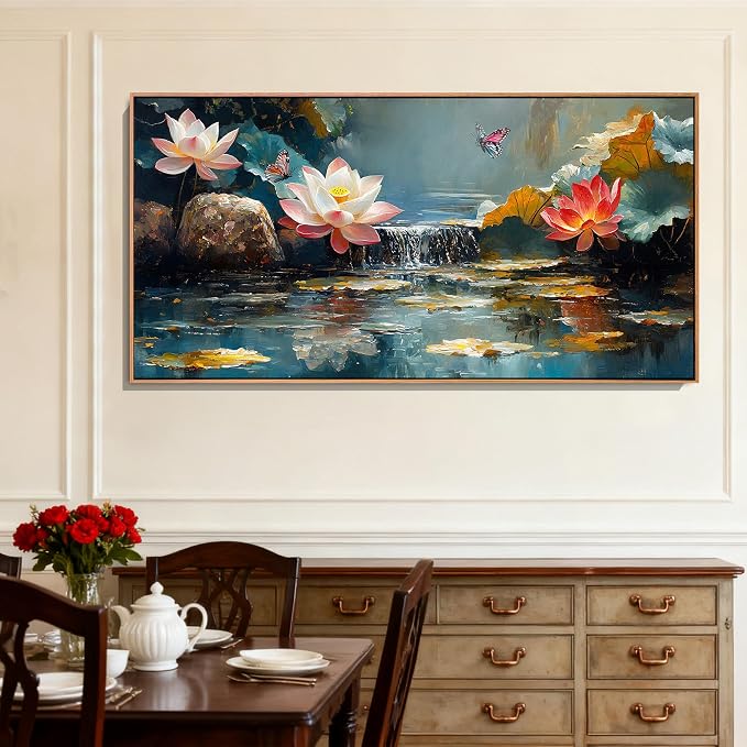 Anolyfi Lotus Canvas Large Framed Wall Art for Living Room, Lotus Wall Decor Zen Yoga Painting Artwork for Spa Bedroom Hallway Dining Room Office Home Decor, 58"x29"