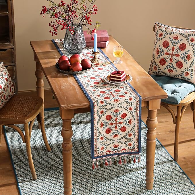 Patdrea Designer French Elegant Linen Table Runner,12"X118"-Puno B | Vintage Tablerunner 118 Inches Long,Colorful Floral Pattern,Decorative Runner for Dining Room Living Room Banquet
