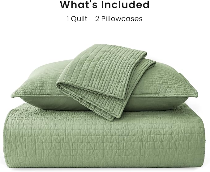 Love's cabin King Size Cotton Quilt Set, 100% Cotton Fabric Striped Textured Coverlet with Crinkled Look, Lightweight Quilted Bedspread for All Season, Includes 2 Pillow Shams, Sage Green