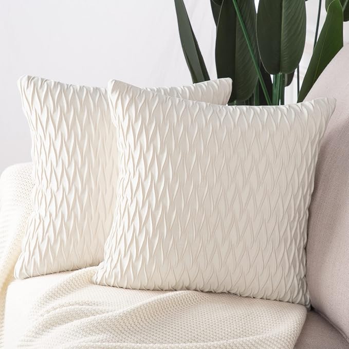 MADIZZ Set of 2 Super Soft Velvet Decorative Throw Pillow Covers 24x24 inch White Square with Texture Luxury Style Cushion Case European Pillow Shell for Sofa Bedroom