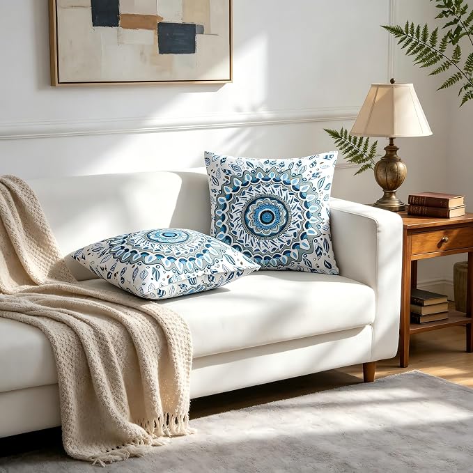 Boho Throw Pillow Covers 18x18 Set of 2 Blue Mandala Decorative Cushion Covers with Hidden Zipper Soft Polyester Double Sided Machine Washable