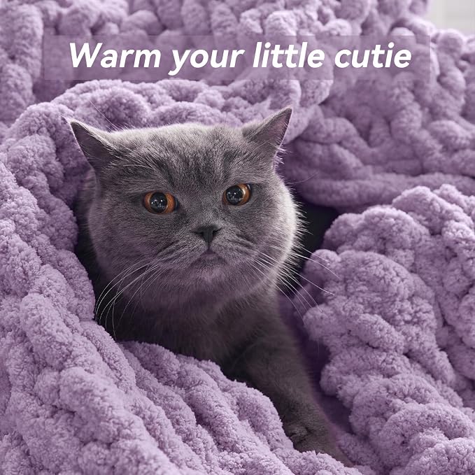 Negwoo Chunky Knit Throw Blanket, Knitted Throw Chenille Yarn, 60"*80" | Soft Thick Cable Knitted Blankets, Handmade Big Thick Blanket,Machine Washable Cute Comfy Blanket for Home Decor,Light purple